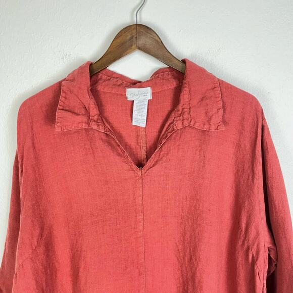 Mosaic USA | 100% Linen Terra Cotta Red Oversized 3/4 Sleeve Collared Tunic - Picture 3 of 7